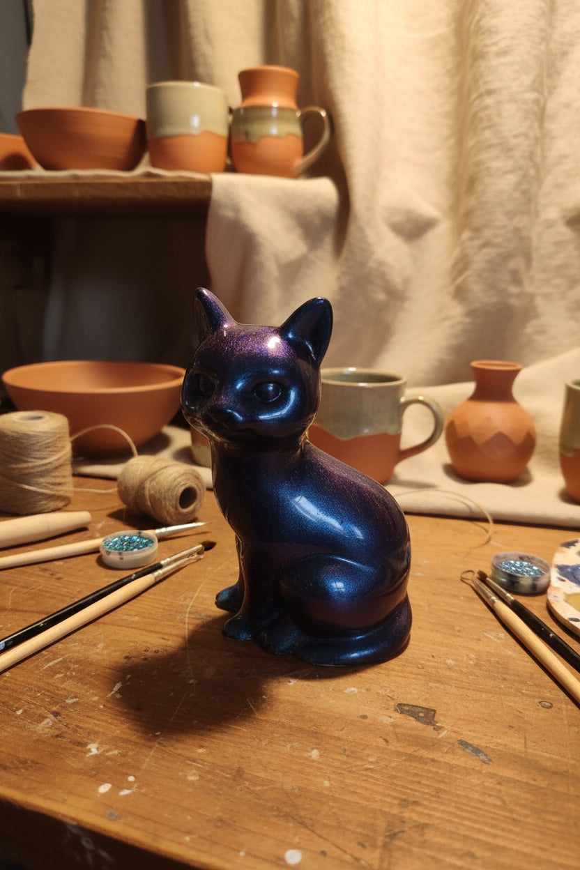 Statuette chat en résine époxy faite main – Décoration artisanale