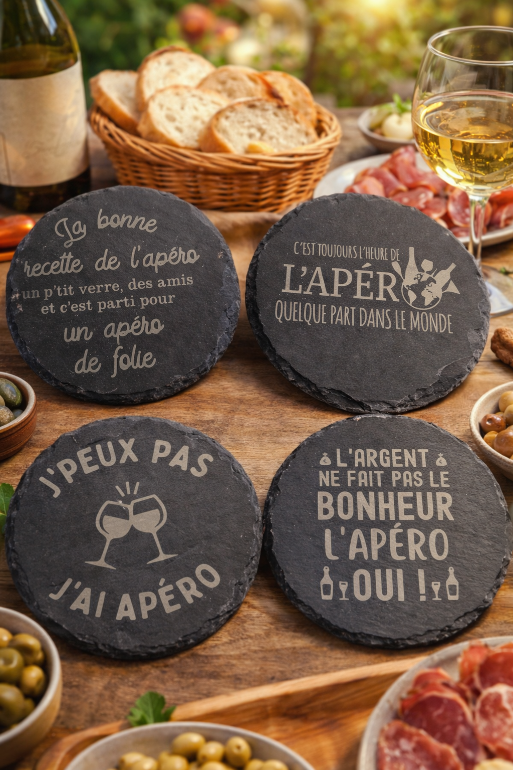 Lot de 4 sous-verres en ardoise personnalisables – Cadeau apéro original & gravé