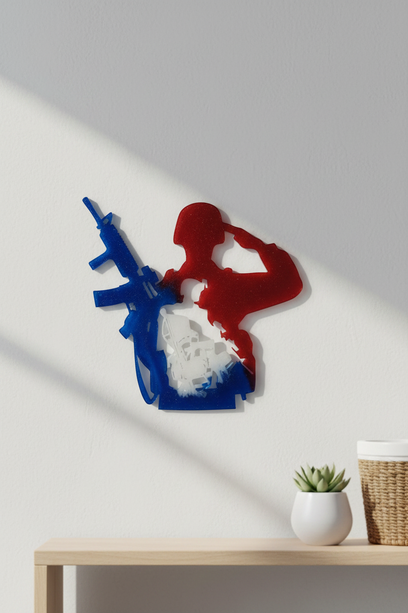 Décoration murale soldat résine tricolore sur mur gris