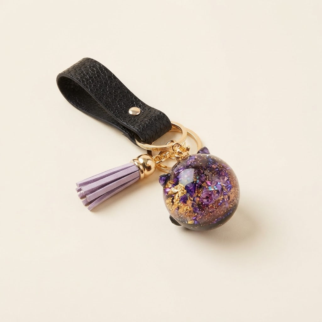 Porte-clés violet pailleté sur fond studio