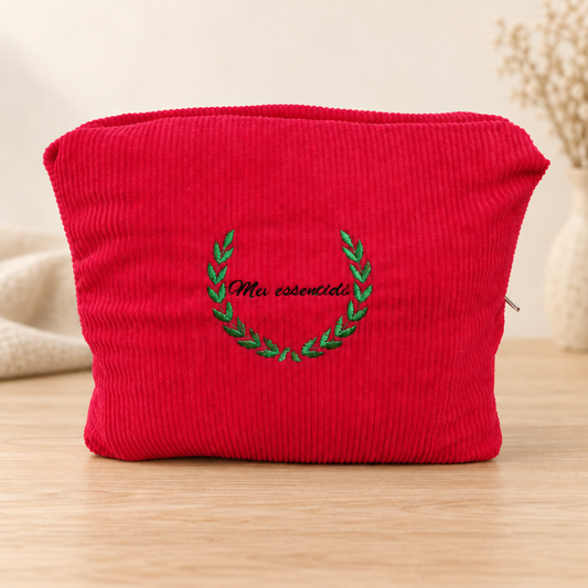 Grande trousse de toilette artisanale en velours côtelé personnalisable
