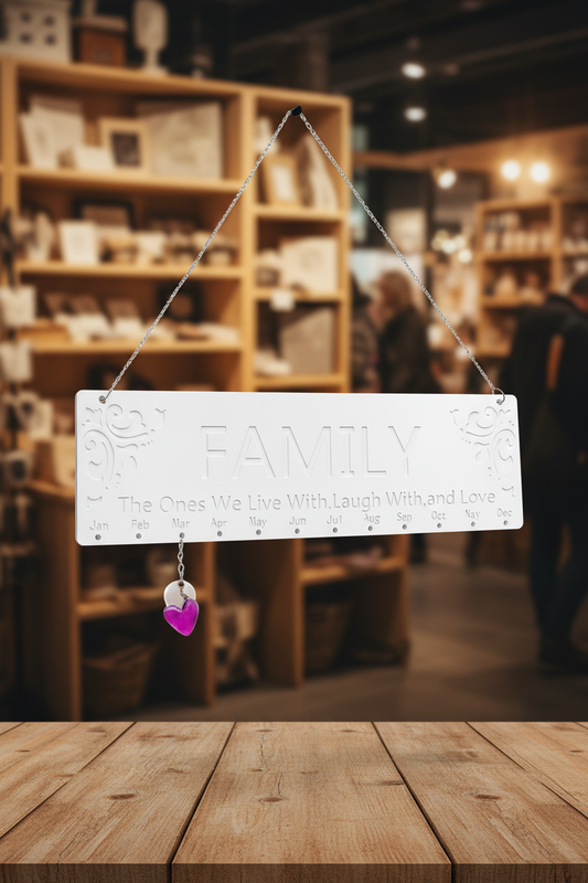 Panneau mural FAMILY en jesmonite – Tableau des anniversaires avec 20 éléments suspendus