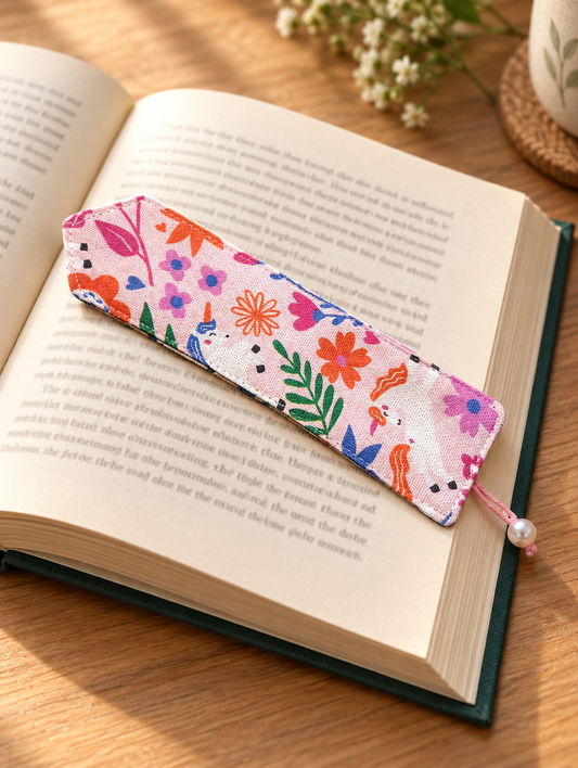 Marque-page fleuri en tissu avec perle fait main