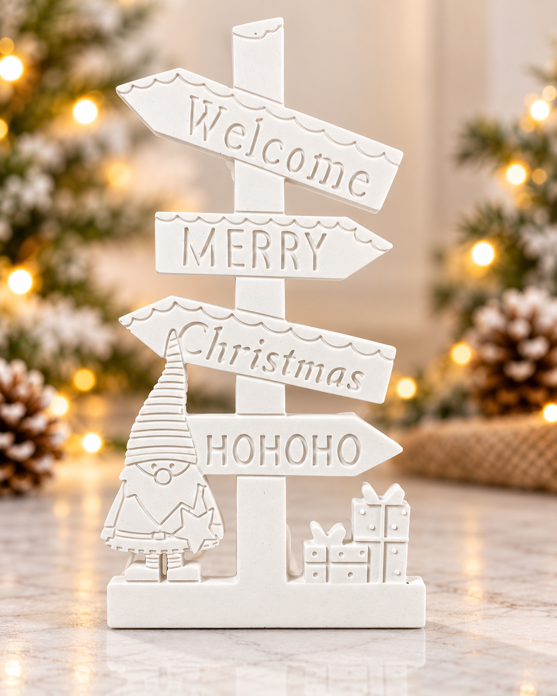 Panneau décoratif de Noël blanc – Gnome et cadeaux