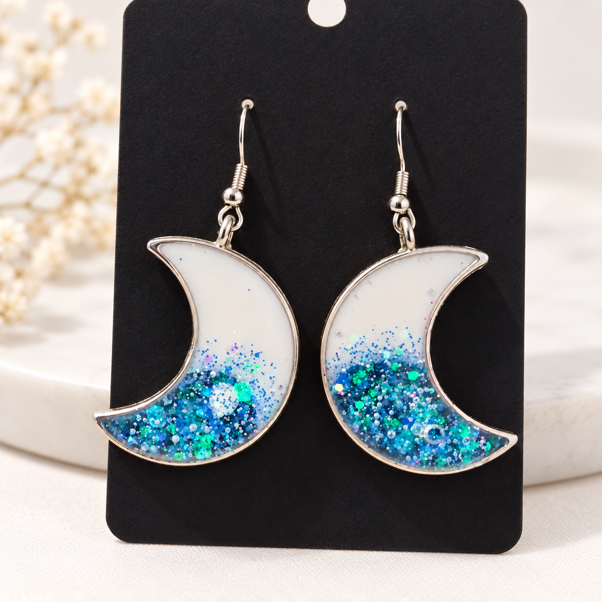 Boucles d'oreilles lune scintillante turquoise et bleue