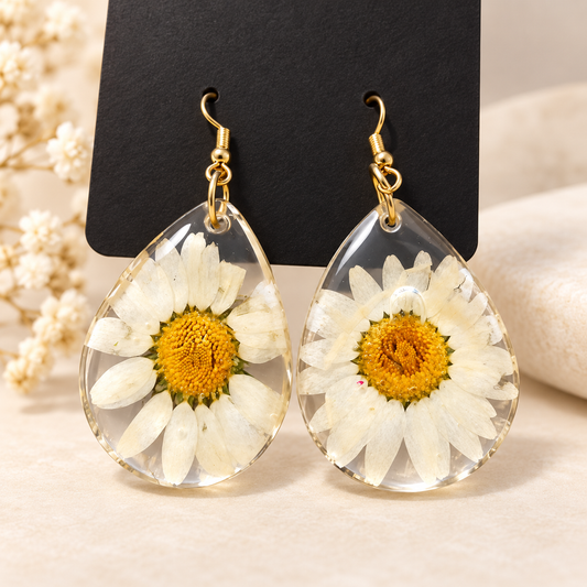 Boucles d'oreilles marguerite en résine transparente