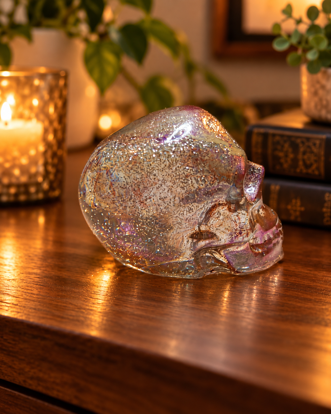 Crâne décoratif en résine époxy irisée, vue de profil