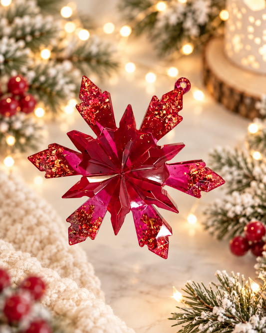 Flocon Cristal Rubis & Or en résine époxy - décoration de Noël 2026