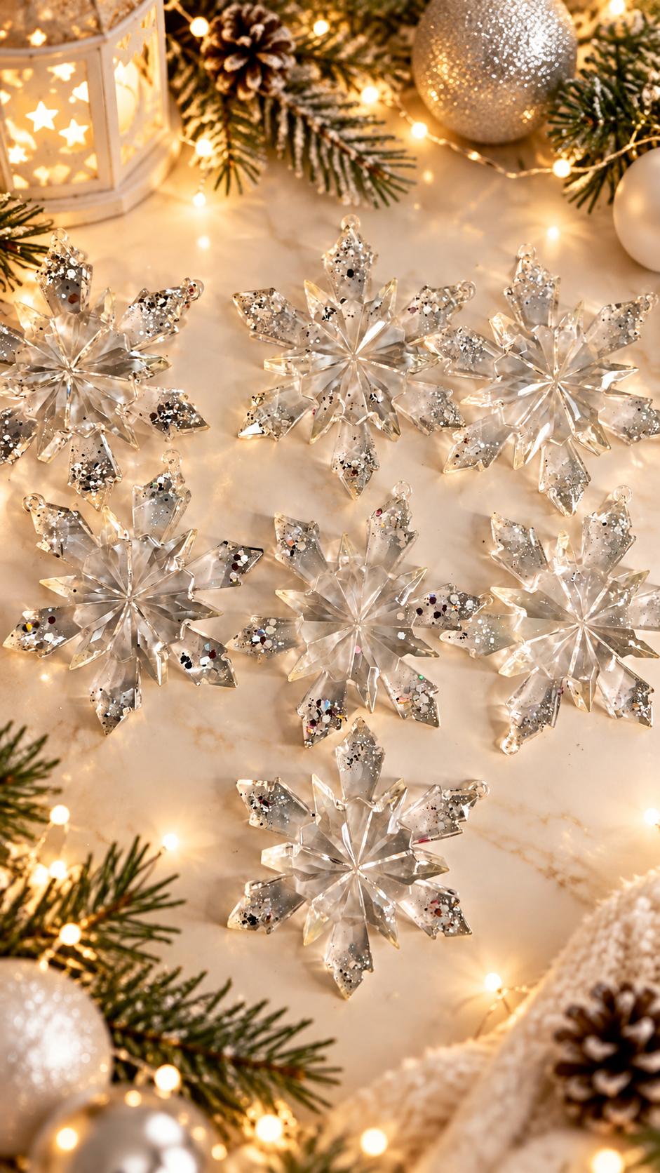 Flocons Cristal et Argent en résine époxy, présentés dans une ambiance de Noël