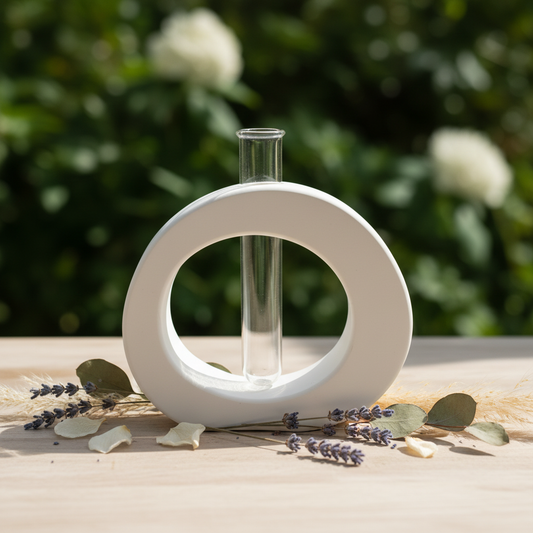 Soliflore rond jesmonite blanc pur avec fond végétal