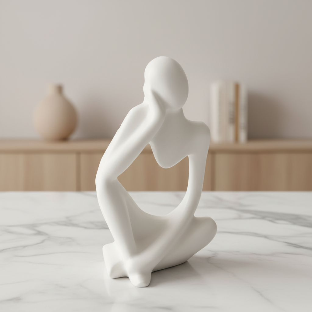 Statuette penseur jesmonite blanc sur marbre