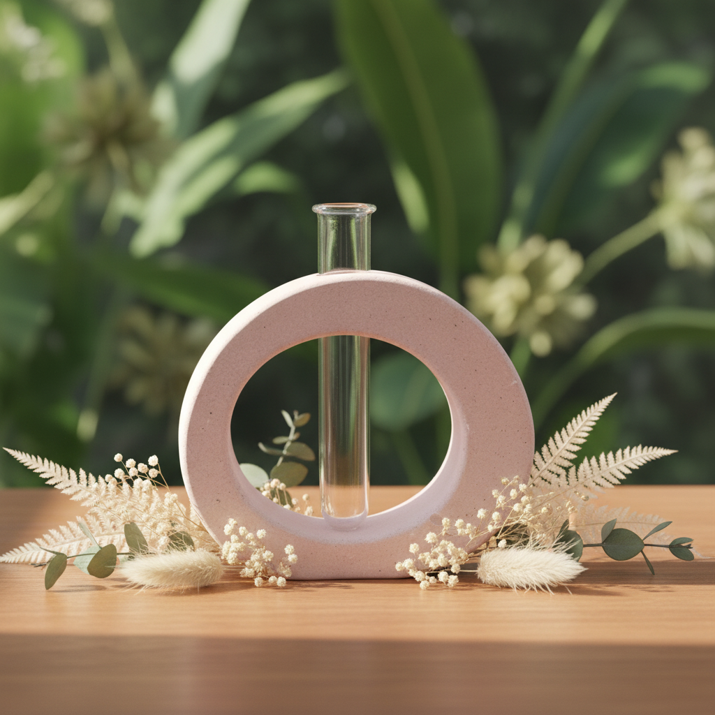 Soliflore rond jesmonite rose avec fond végétal