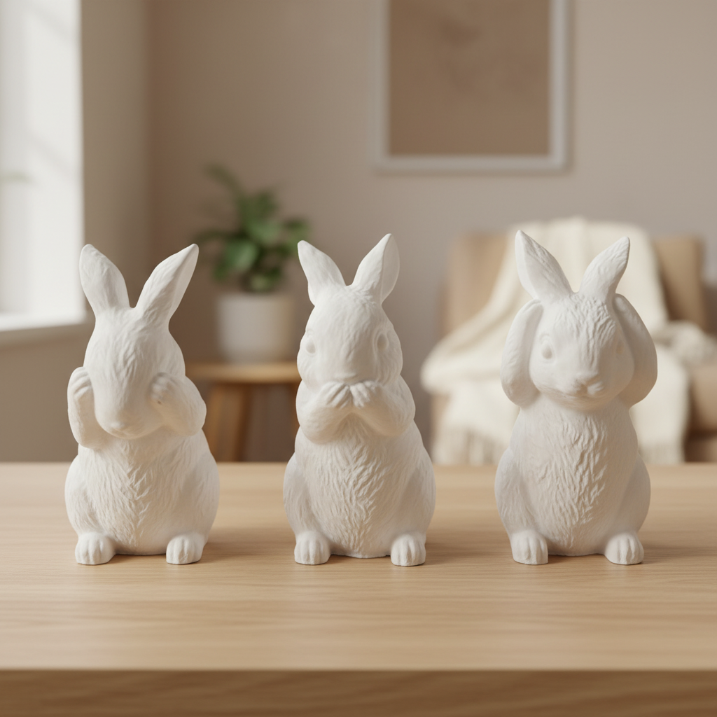Trio de lapins décoratifs en jesmonite blanc fait main