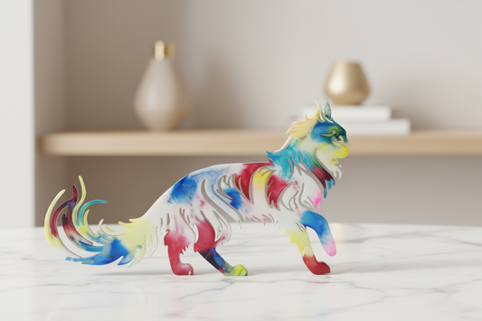Figurine chat résine multicolore sur marbre blanc