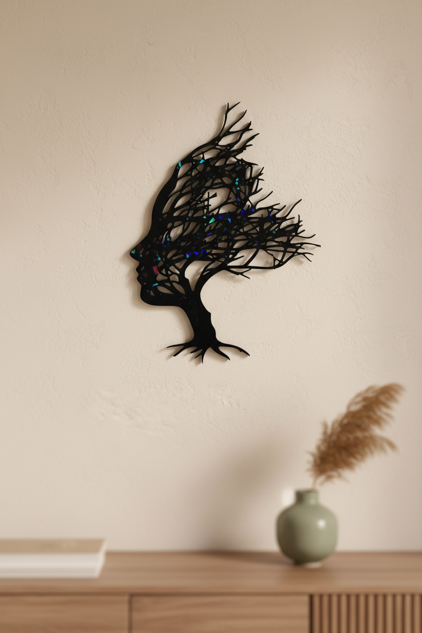 Décoration murale femme arbre résine noire sur mur beige