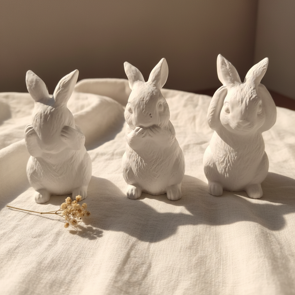 Trio de lapins décoratifs en jesmonite blanc - vue rapprochée