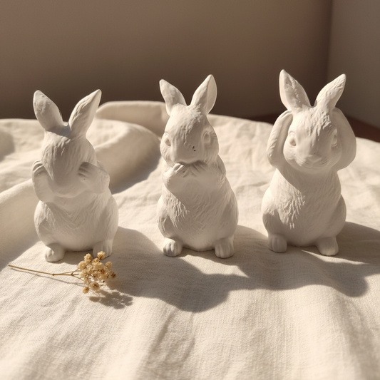 Trio de lapins décoratifs en jesmonite blanc - vue rapprochée