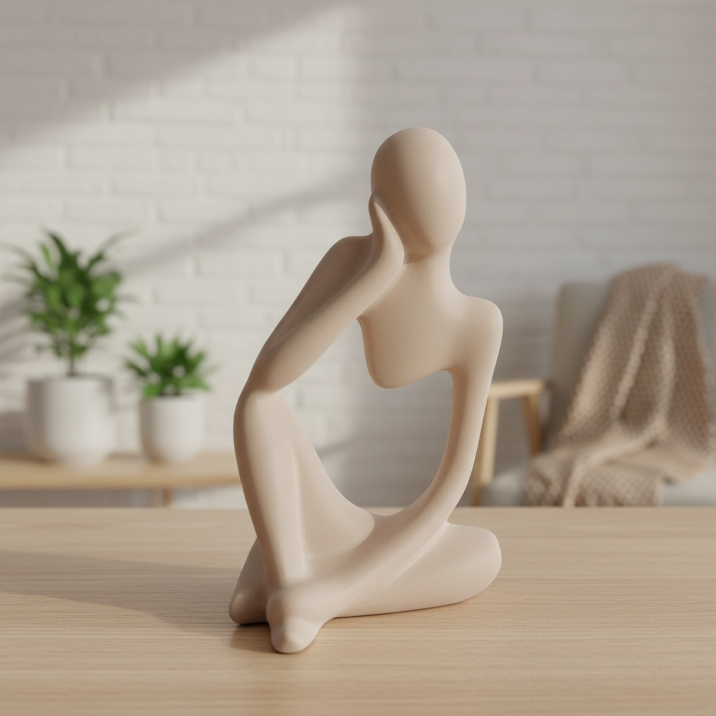 Statuette penseur jesmonite beige sur bois clair