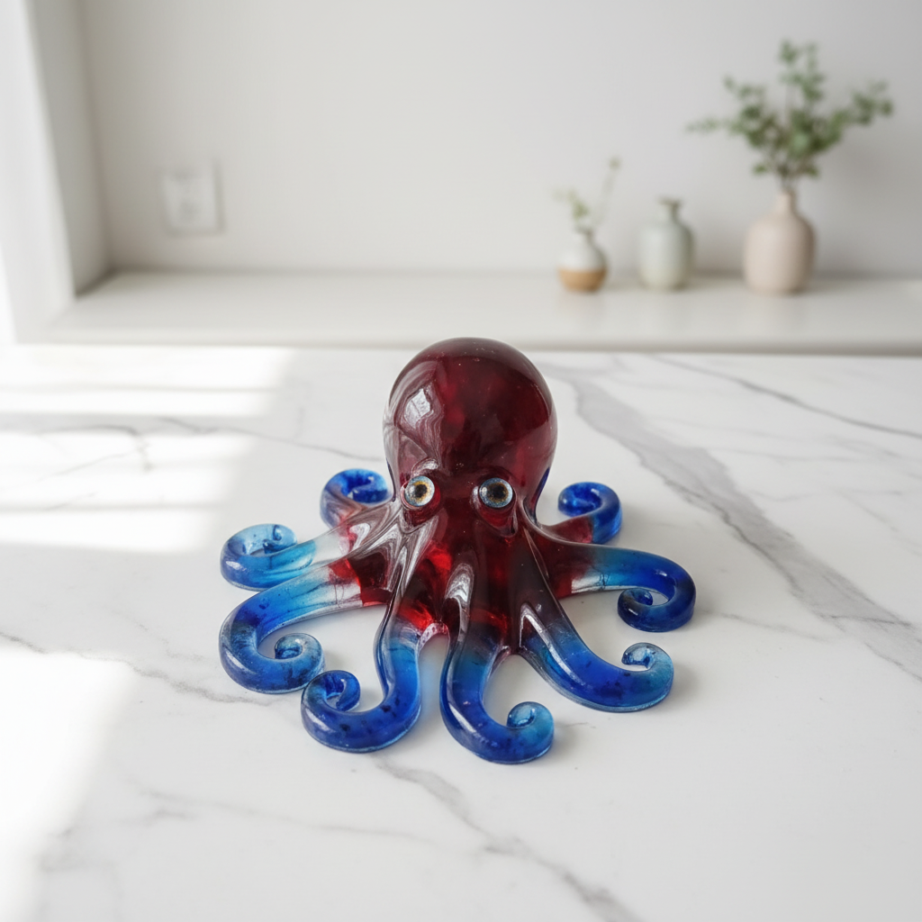 Pieuvre résine rouge-bleu yeux réalistes