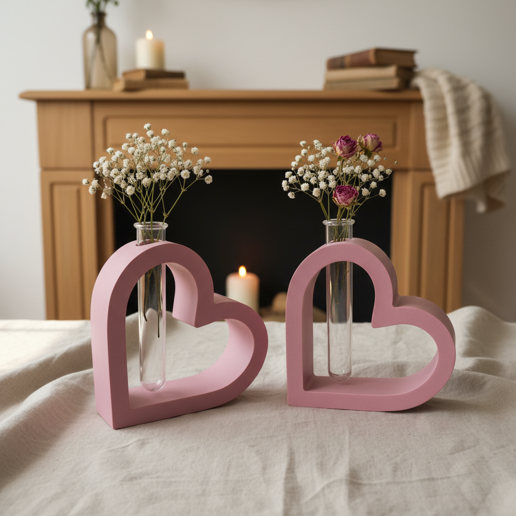 Duo soliflores cœur jesmonite rose avec fleurs séchées