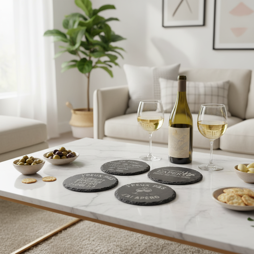 Sous-verres ardoise gravés - ambiance salon chic