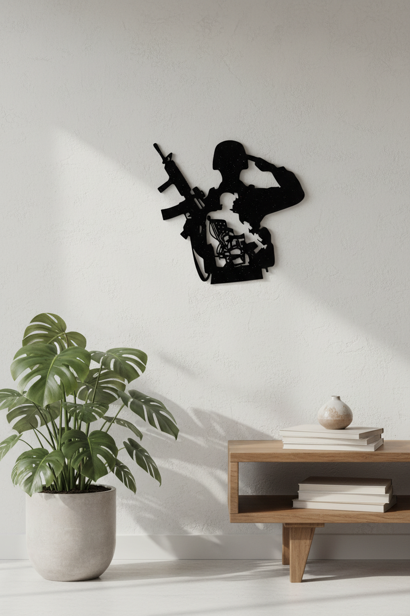 Décoration murale soldat résine noir sur mur gris