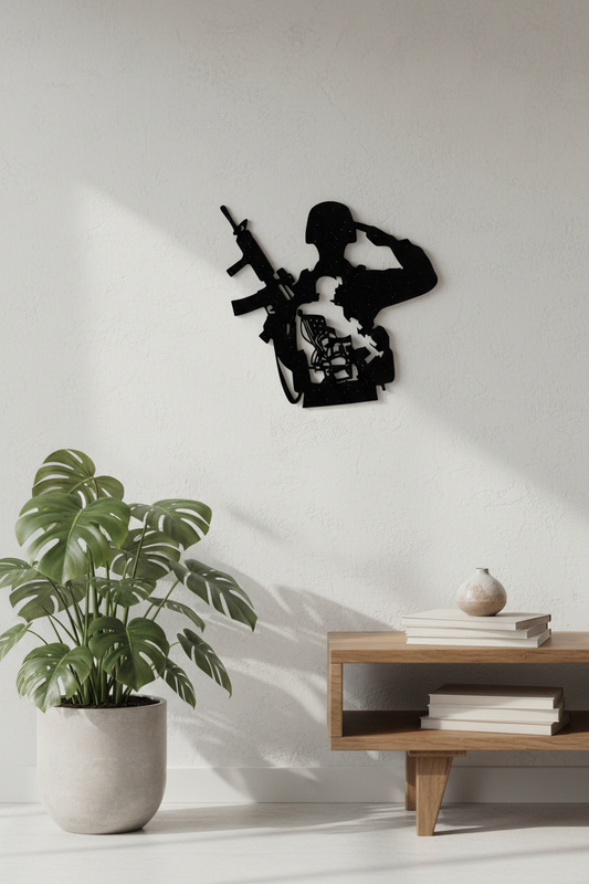 Décoration murale soldat résine noir sur mur gris