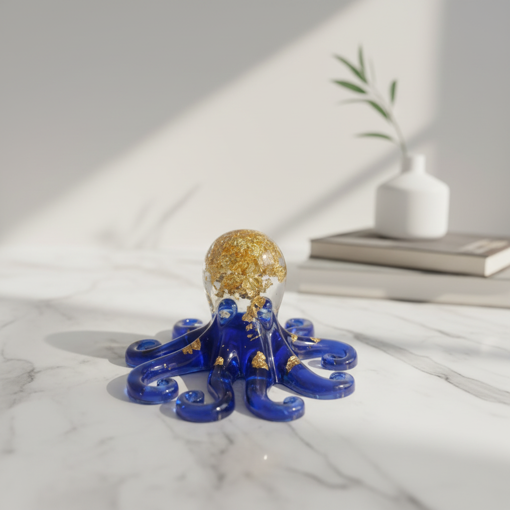 Pieuvre résine bleue feuilles d’or
