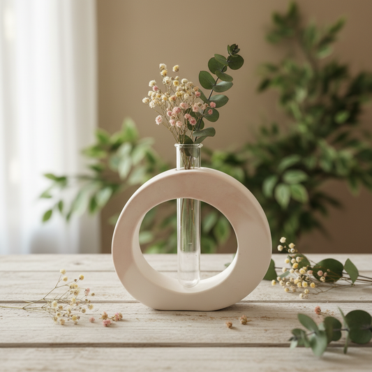 Soliflore rond jesmonite blanc mat avec fond végétal