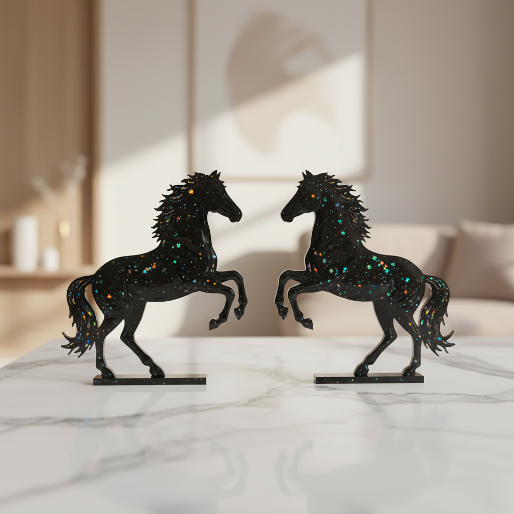 Duo de chevaux résine noire holographique sur marbre blanc