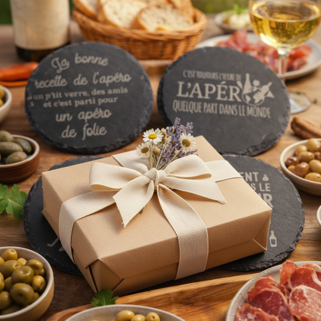 Sous-verres ardoise gravés - idée cadeau emballé