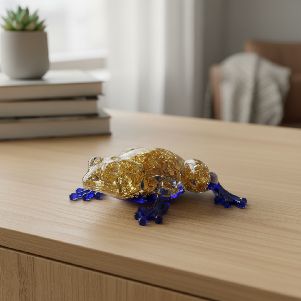 Grenouille résine dorée pattes bleu cobalt