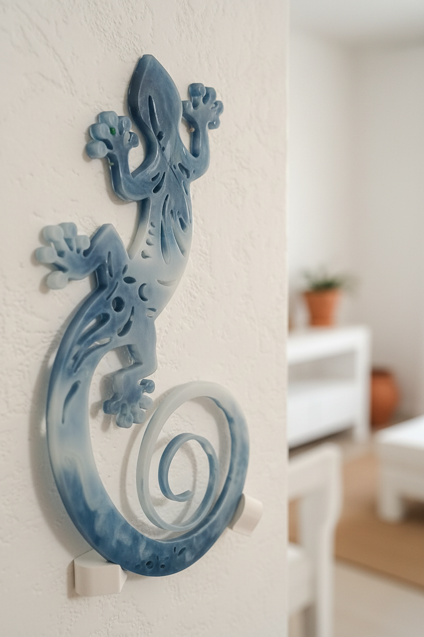 Gecko résine bleue translucide accroché sur mur blanc texturé