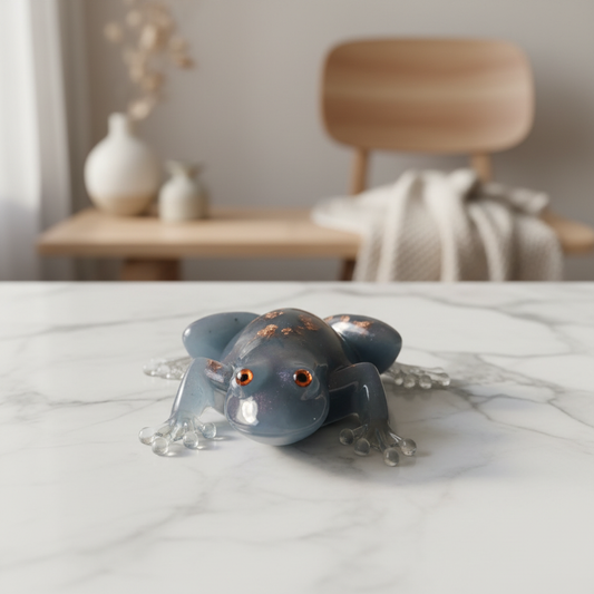 Grenouille résine gris-bleu feuilles d’or yeux orange