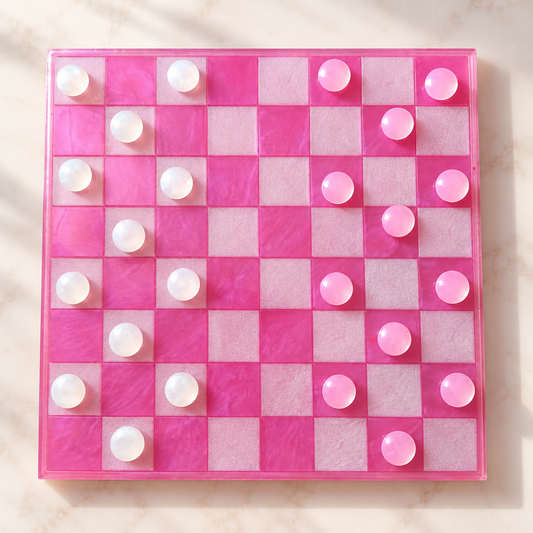 Jeu de dames artisanal en résine époxy rose avec 24 pions