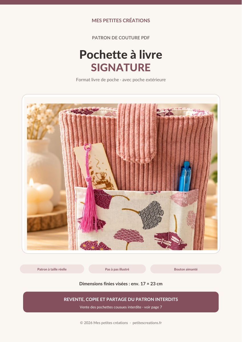 Patron PDF de couture - Pochette à livre Signature format poche, 10 pages, modèle numérique