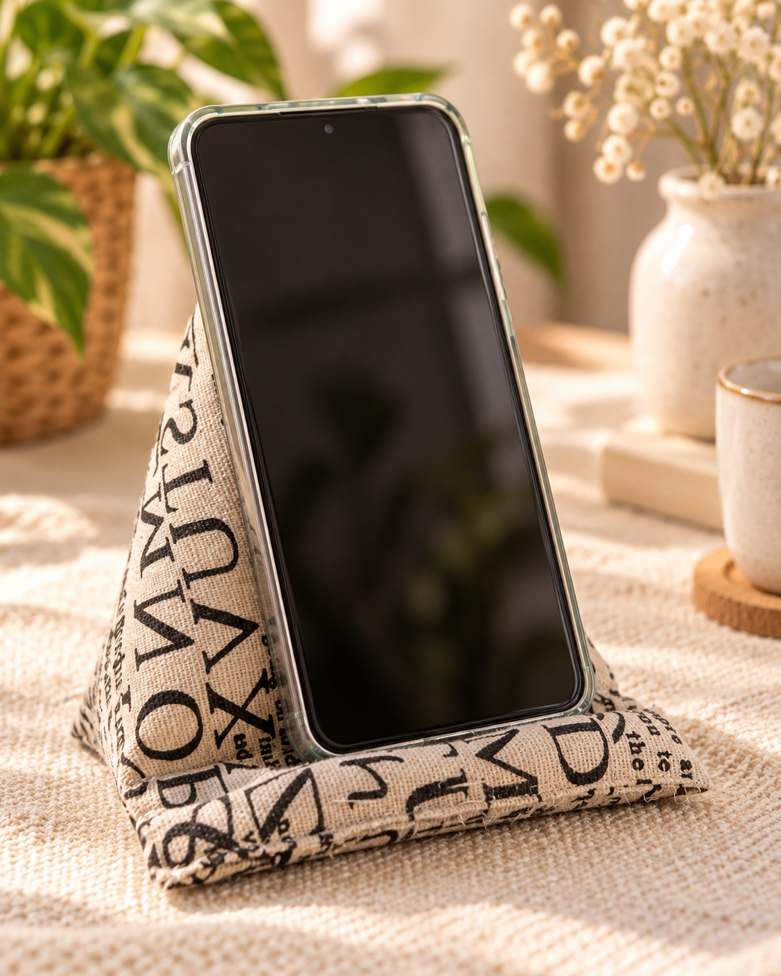 Coussin support de téléphone petit modèle en tissu imprimé