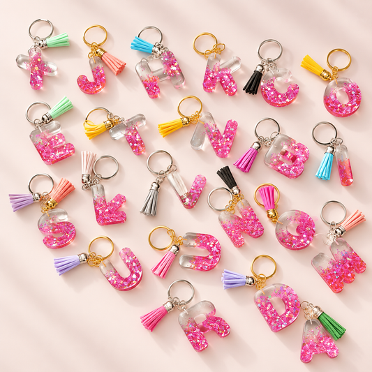 Collection de porte-clés lettres en résine époxy pailletée