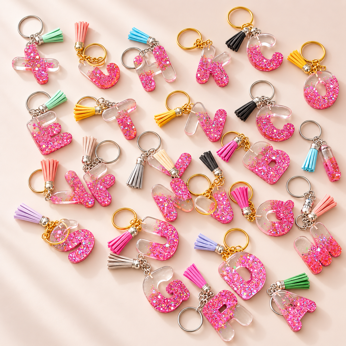 Porte-clés alphabet en résine époxy scintillante avec pompons